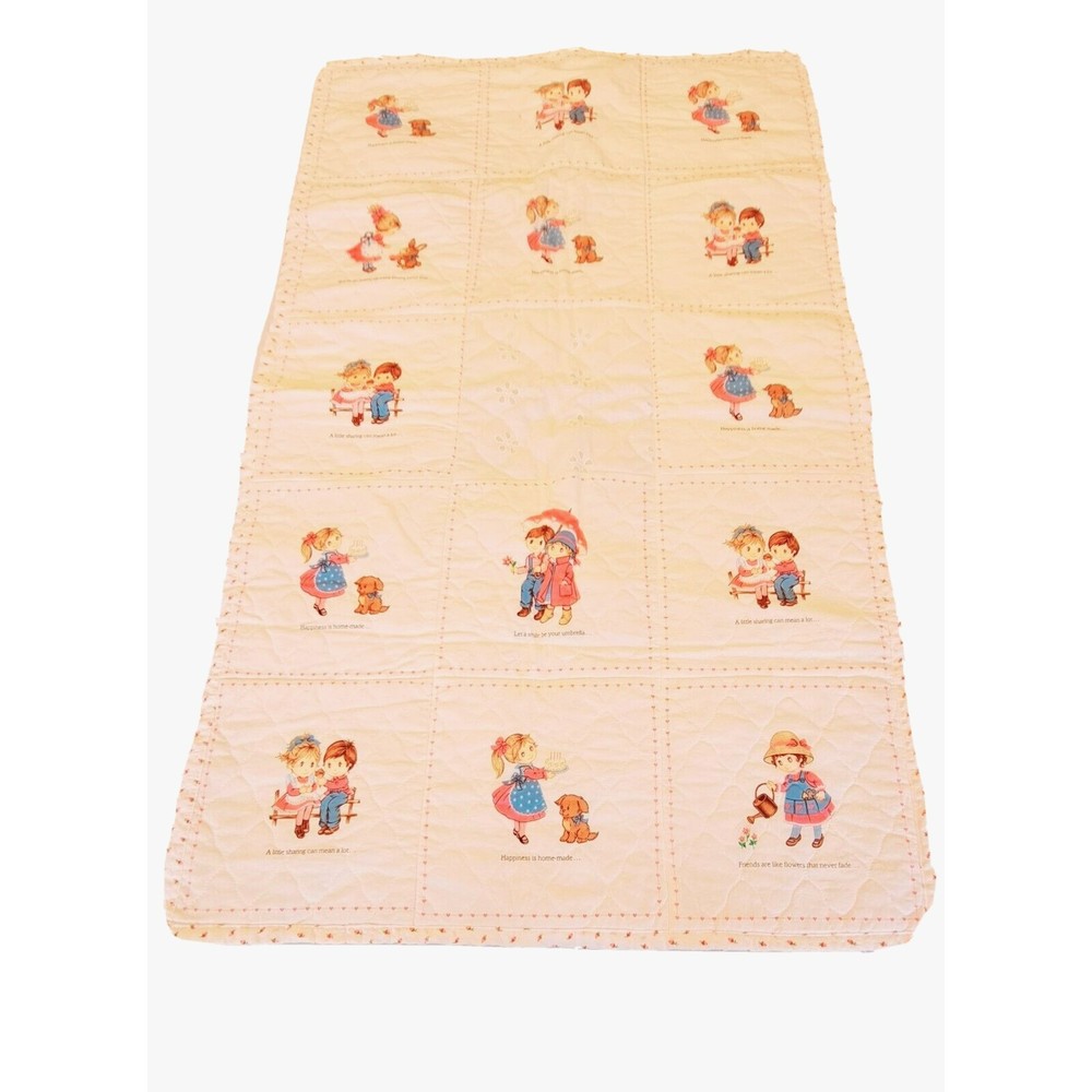 VTG Handmade Baby QUILT Crib/Lap Blanket "BEST FRIENDS" Reversable Pink Roses